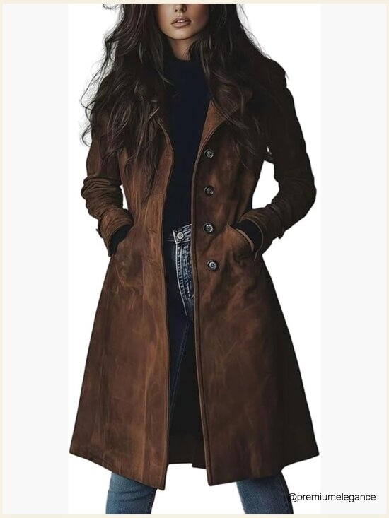 Jackets & Blazers - Long Suede Trench Coat Single Breasted Faux Leather Overcoat with Pockets